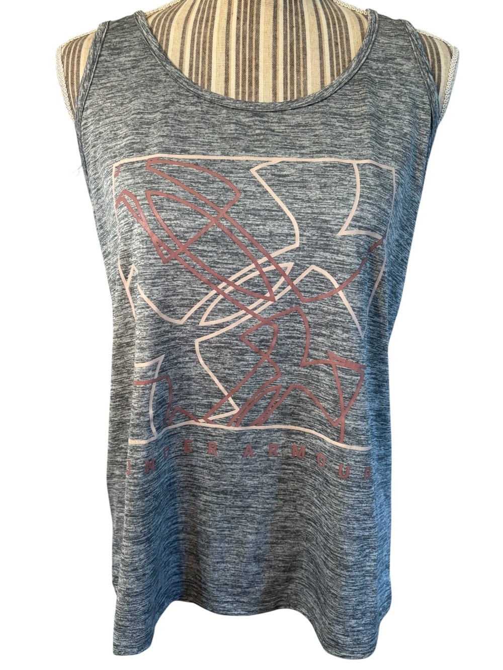 Under Armour Athletic Tank Large Heather Gray Sleeveless Top Pink Graphic Loos